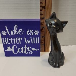 4" Wood Plaque 4.5" Pewter Cat With Brass Tie , Very Heavy For Its Size